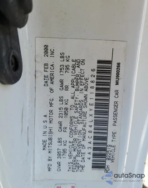 2000 Mitsubishi Eclipse Gt from USA, damaged, VIN 4A3AC84LXYE118826